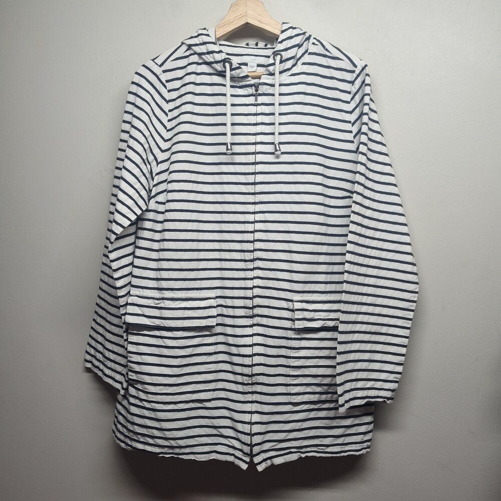 J. Jill Cotton Jacket Women S White Black Stripe Full Zip Hooded Pockets Outdoor